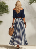 Stella™ | Flowing Two-Piece Set – Off-Shoulder Top & Striped Maxi Skirt