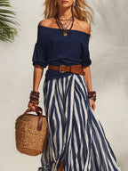 Stella™ | Flowing Two-Piece Set – Off-Shoulder Top & Striped Maxi Skirt