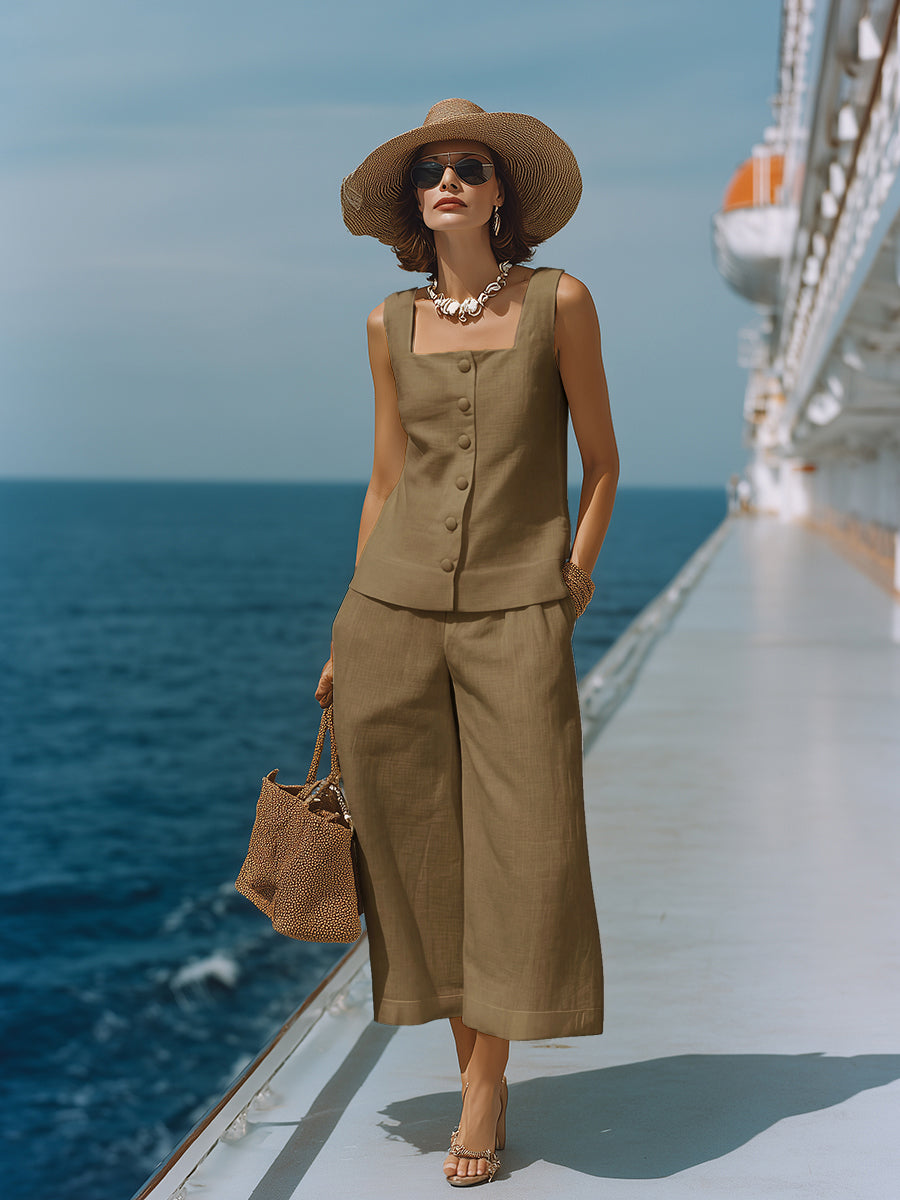Maya™ | Linen Square-Neck Top & Capri Pants Set