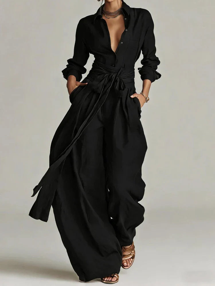 Marlène™ | Vintage Button-Up Shirt & Wide-Leg Trouser Set